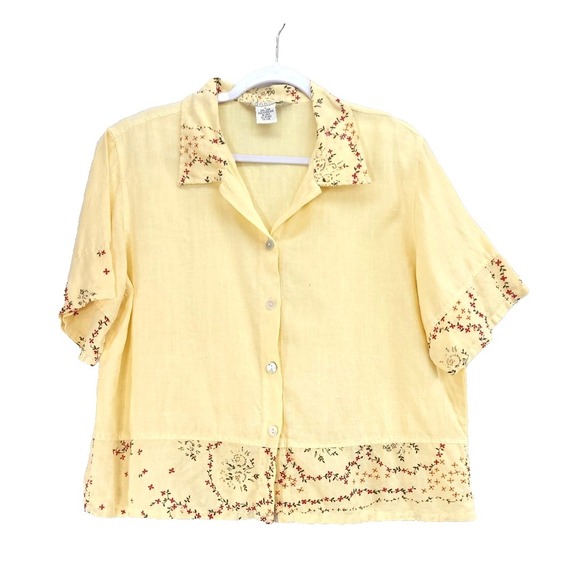Uniform John Paul Richard Tops - Vintage 100% Linen Floral Top Blouse Sz Large Spring Yellow John Paul Richard